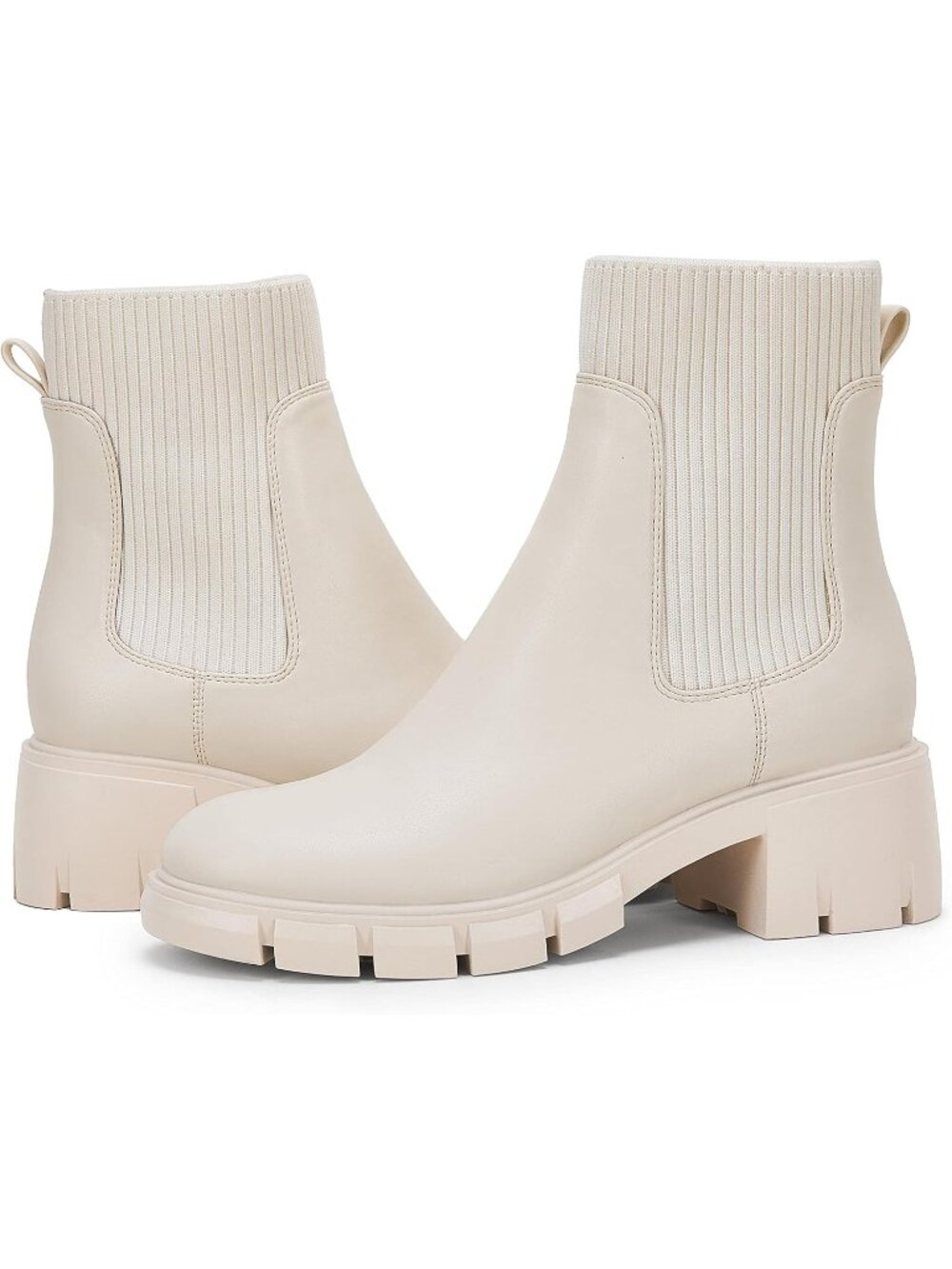 Women's Cream Rubber Platform Elastic Chunky Block Heel Chelsea Booties